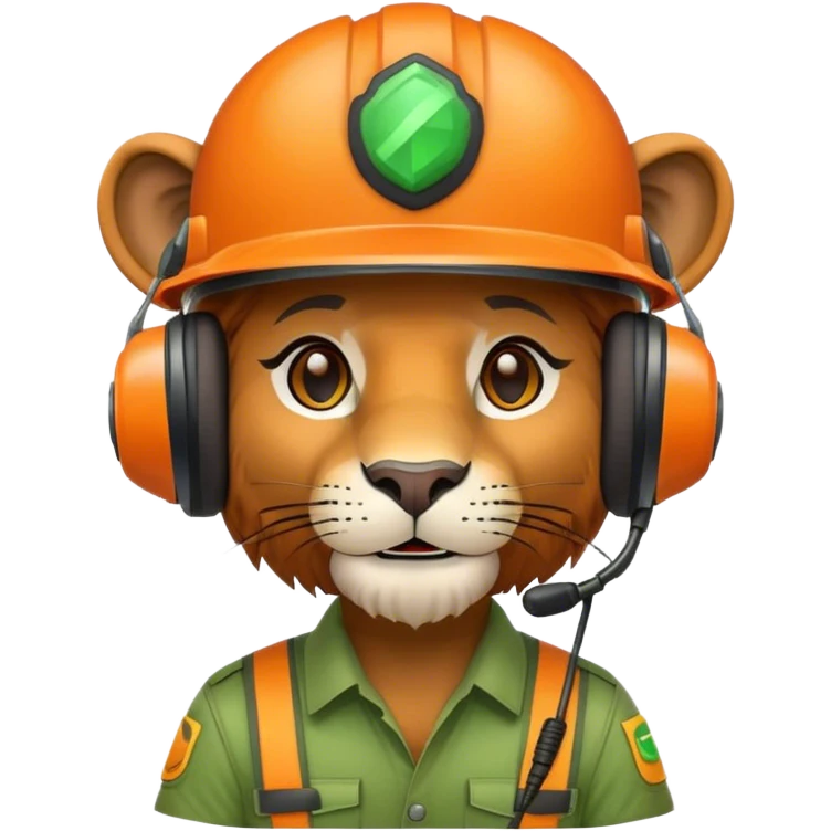Head of Simple cute Lion wear helmet and call center headset in green and orange theme in 2d emoji