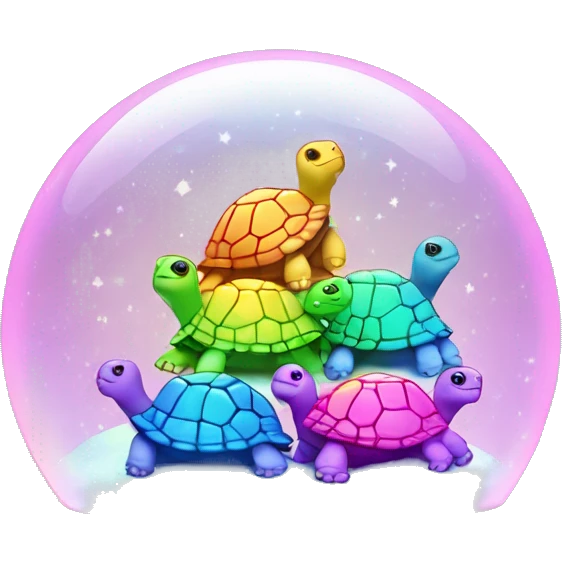 Kawaii rainbow pastel family of turtles in neon snow globe  emoji