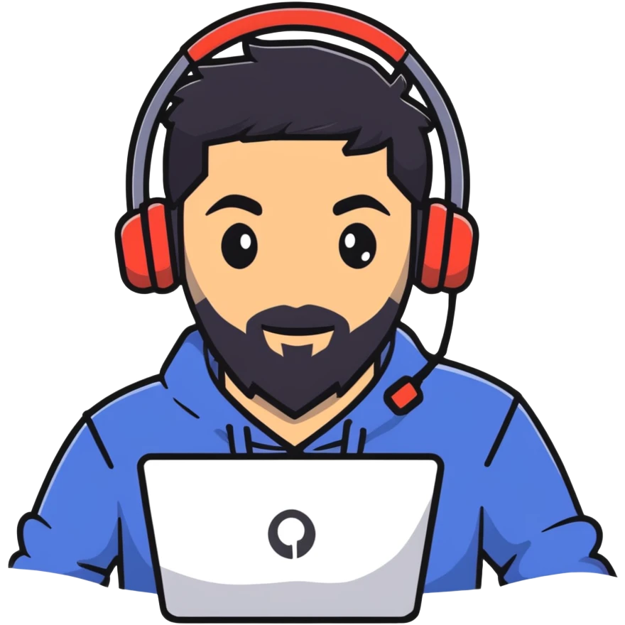 laughing man with black hair, brown eyes, black beard wearing gaming headset emoji