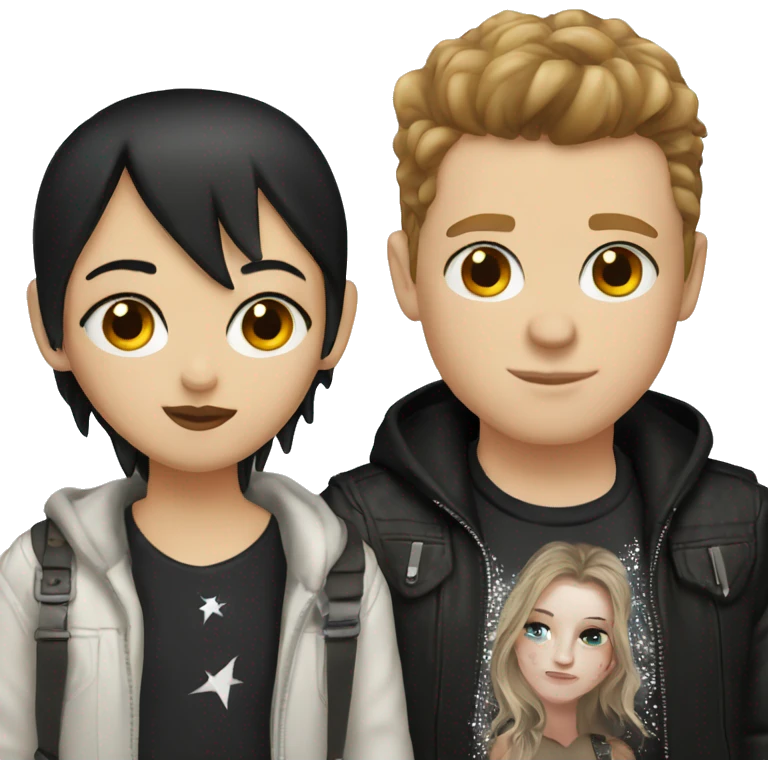 white girl with black hair kissing a white boy with punk brown hair emoji