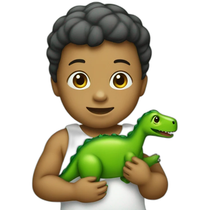 A baby holding a green dinosaur toy emoji
