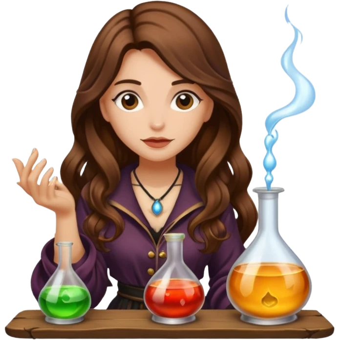 alchemist woman long wavy brown hair tattoos tasting potion drop emoji