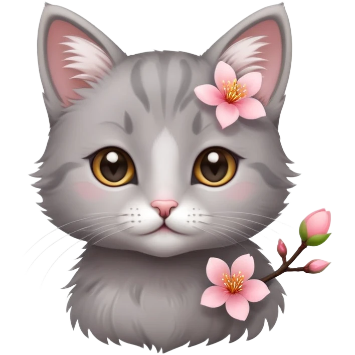 A cute grey little cat and a peach blossom emoji