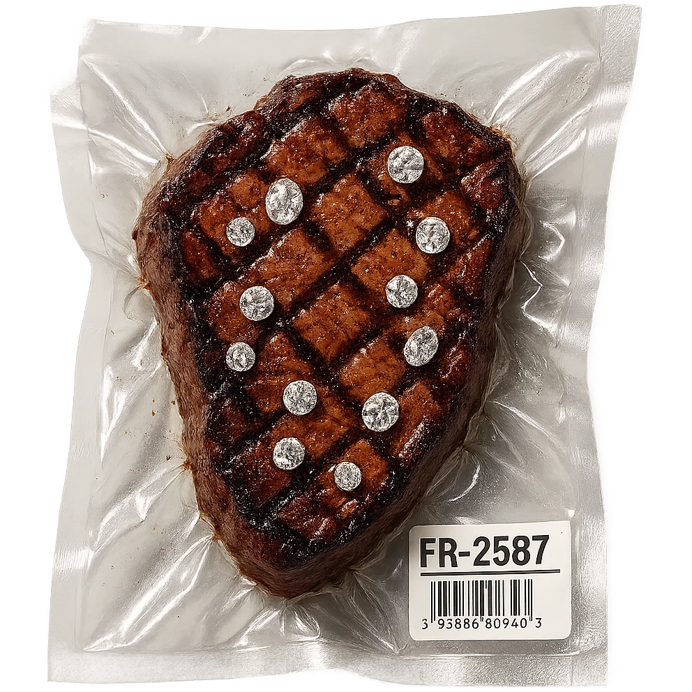 grilled steak with scattered diamonds, glossy, vacuum-sealed style emoji