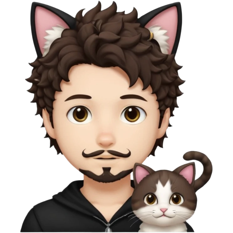 white boy with cat tail with goatee hair and cat ears with dark brown hair and anime features woth curly hair  emoji