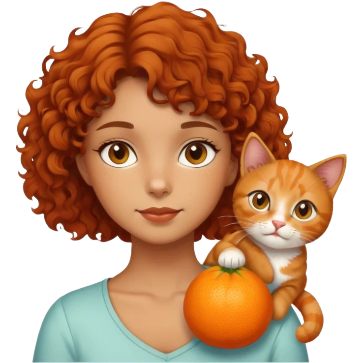 Girl with brown short curly hair hanging an orange cat emoji