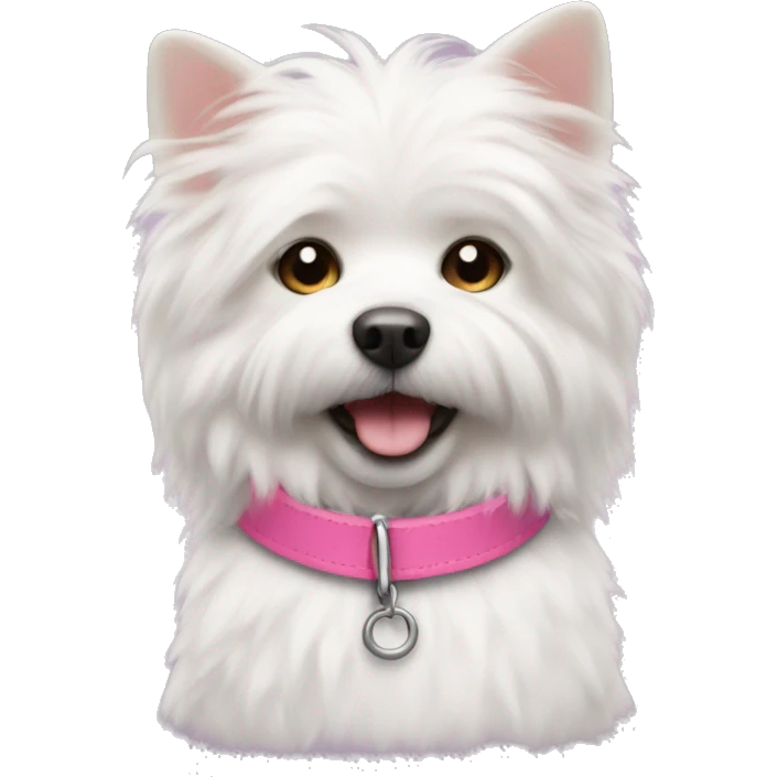 a small white fluffy dog with a pink collar  emoji