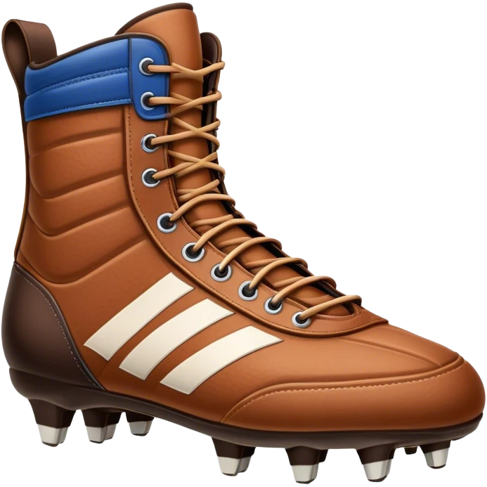 Cinematic Realistic image of a pair of rugby boots, showcasing sturdy leather construction, detailed cleat patterns and textured surfaces, illuminated by vibrant outdoor lighting that captures their athletic purpose emoji