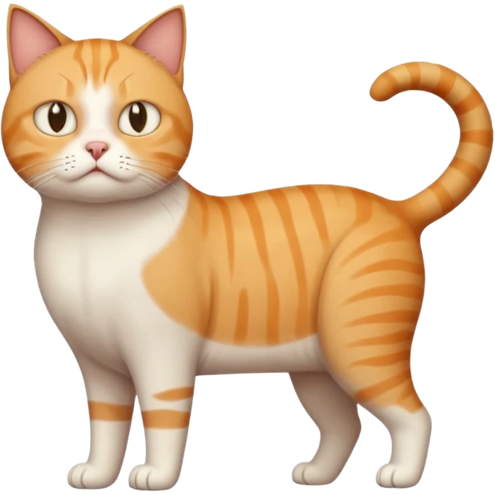full body white, ginger and tabby cat with skinny head and fat body with an anxious face emoji