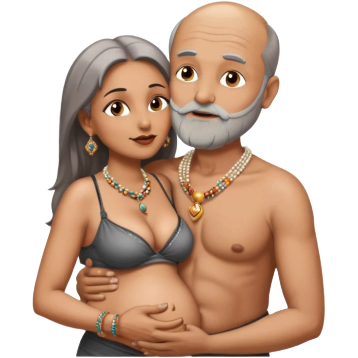 A man in his 69s balding with a grey beard passionate ly kissing the belly botton of an Indian woman in her 40s wearing a beads chain with here cleavage visible and embracing the man emoji