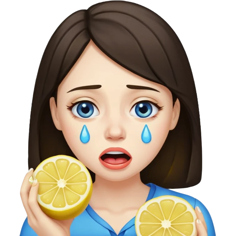 woman crying eating lemon. make tears blue color and brunette emoji