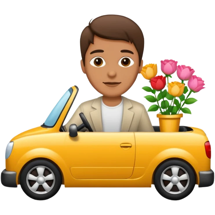 Man driving a car, holding flowers emoji