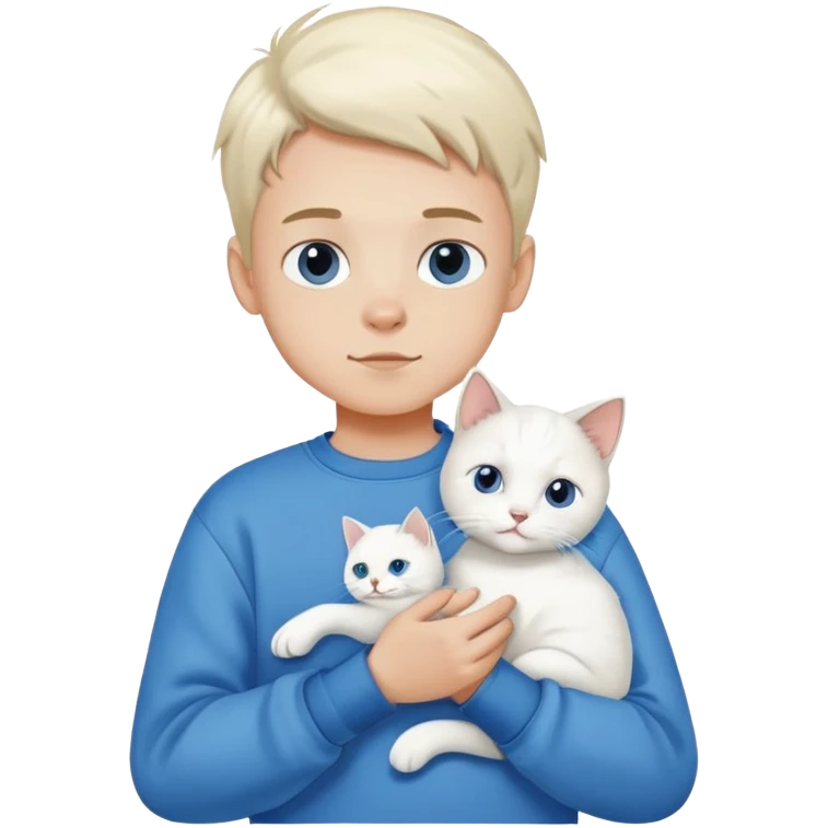A boy in a sweatshirt holding a white cat emoji