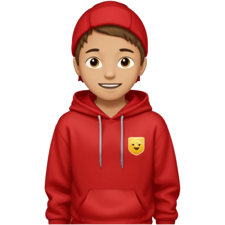 make me an emoji of an americain 15 yearold boy in a red hoodie that says "south" on it and give him with tan skin with his hands in his pockets with the sleevs pulled up grining with a jaw line emoji