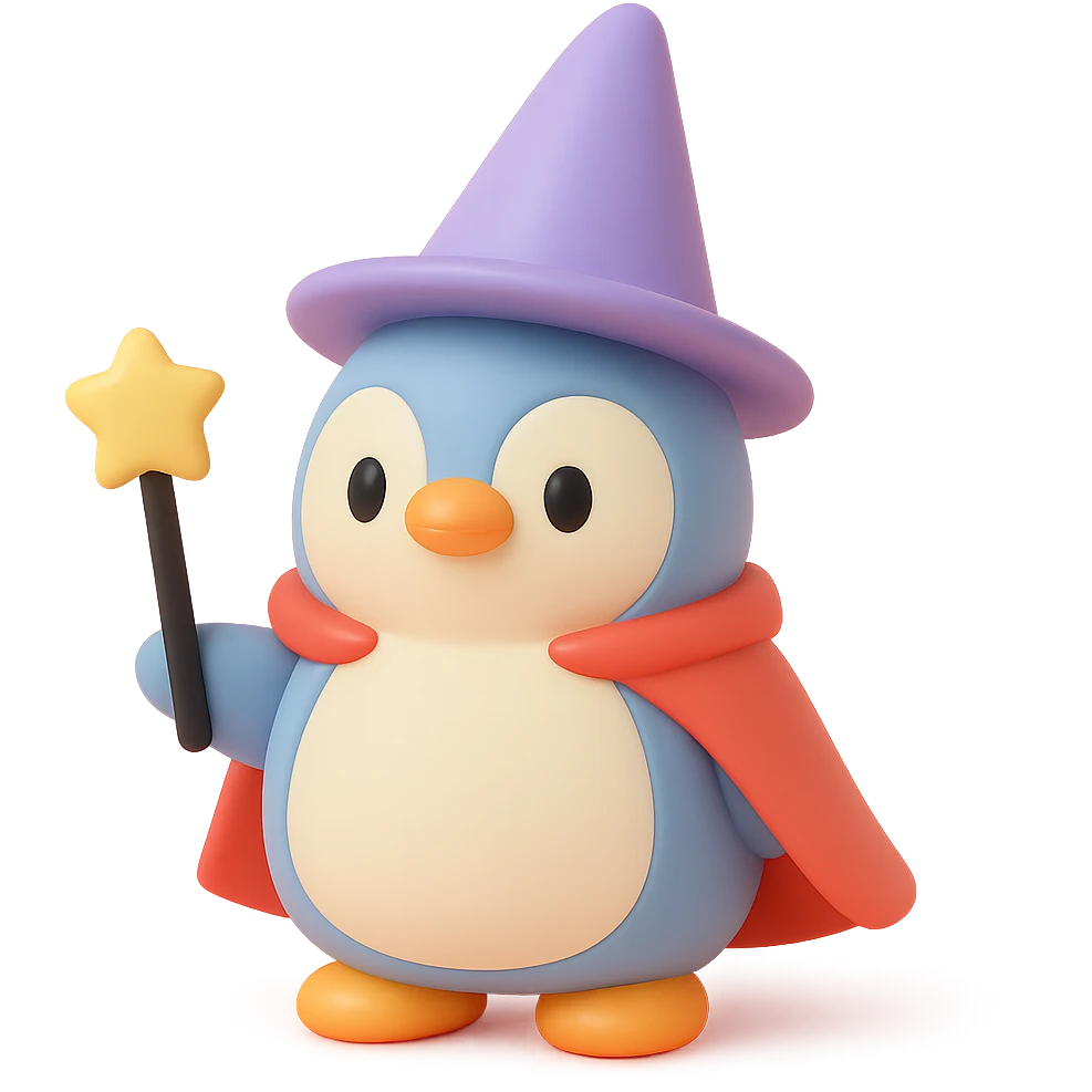 A penguin wizard with a tall pointed wizard hat, holding a magic wand. The penguin has a round plush body, friendly eyes, and a soft texture, wearing a red cape. emoji