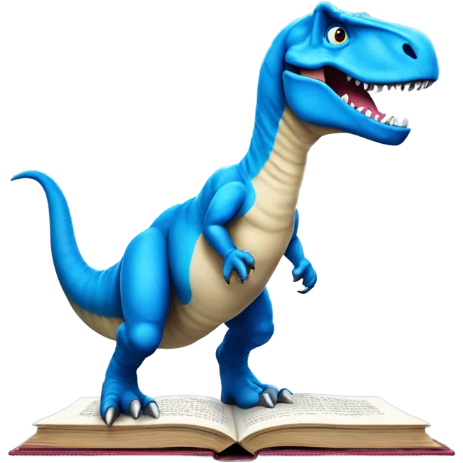 Blue Tyrannosaurus Rex standing on an open book emoji