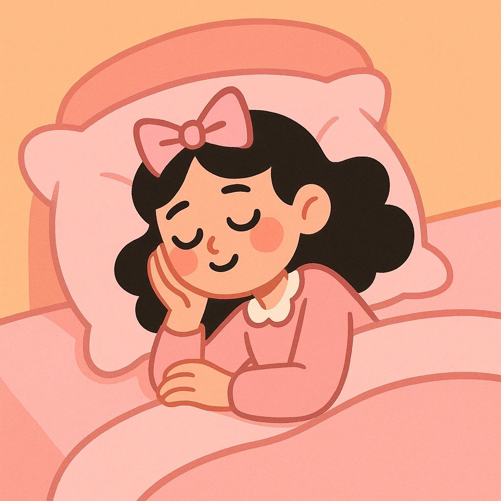 coquette girl sleeping in a pink soft bed, pastel toon style emoji