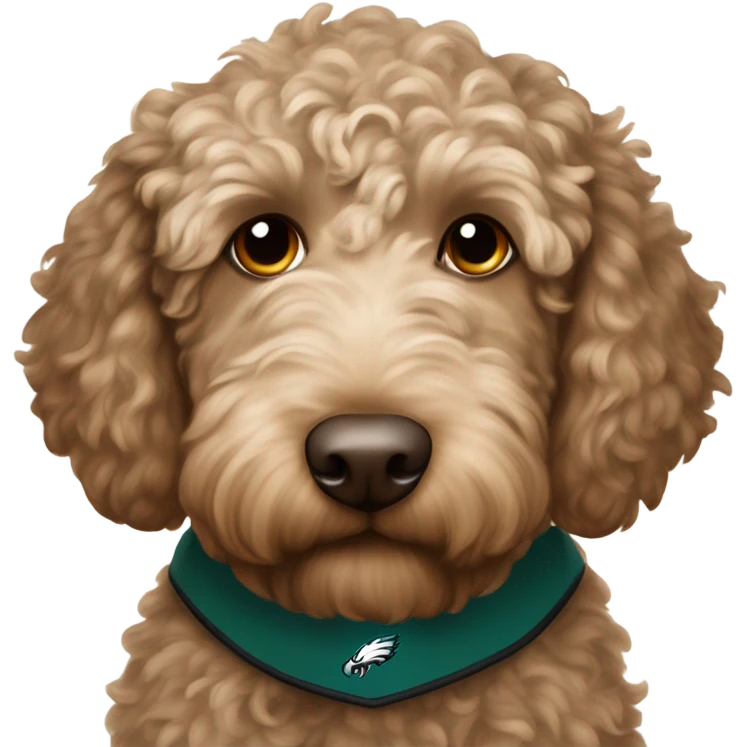 Light brown with little dark brown Labradoodle  wearing a Philadelphia Eagles jersey emoji