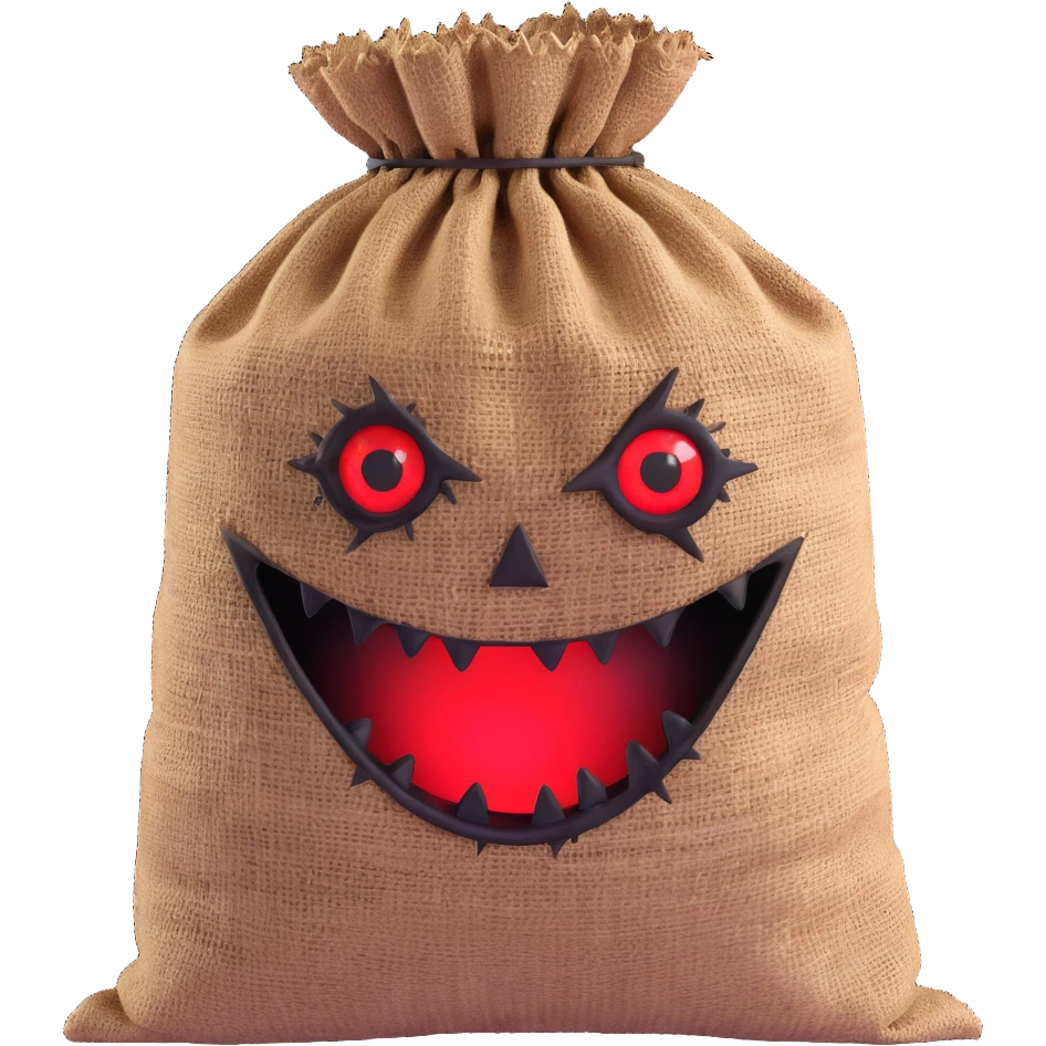 terrifying burlap sack face with jagged stitches and glowing red eyes emoji