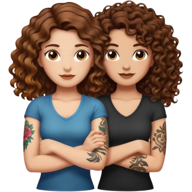 smug crossed arms — long wavy brown hair tattooed woman and short tight curly brown hair woman — glow aura emoji
