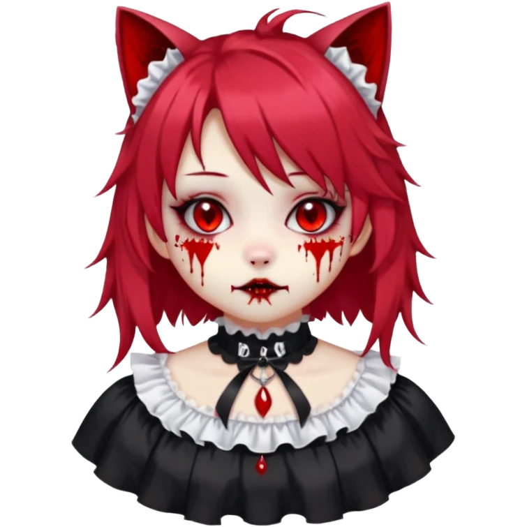 Shiny furry beautiful cute cool gorgeous attractive cute gothic anime cat-girl-Lolita-lady in Lolita dress with bloody hair, bloody lips, bloody face, blood-choker, spiked collar, frills, black dress, red rubies, messy tousled hair  emoji