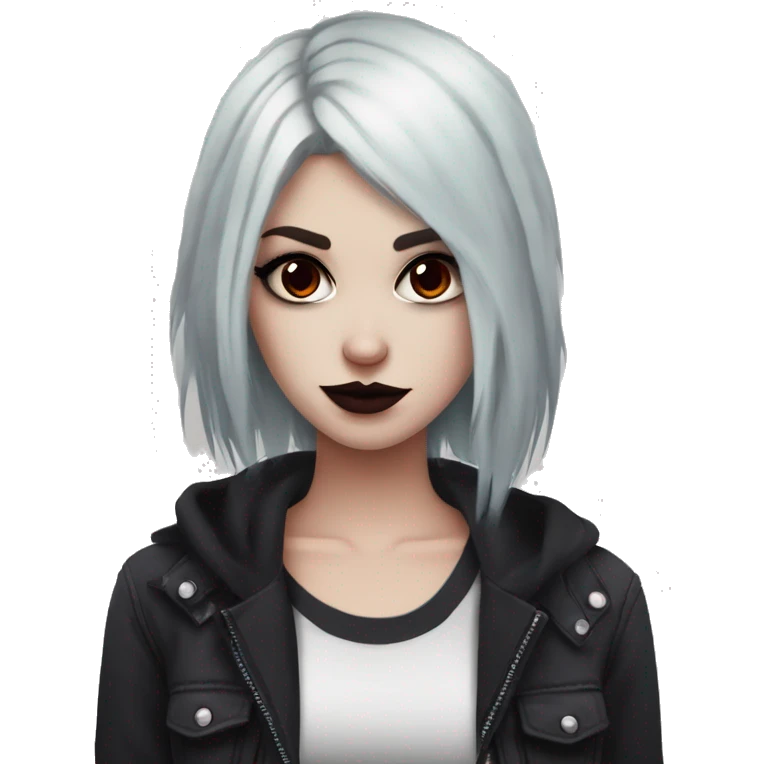 Pale girl with black eyeshadow and burgundy hair with an emo haircut that’s long and layered holding a black cat emoji