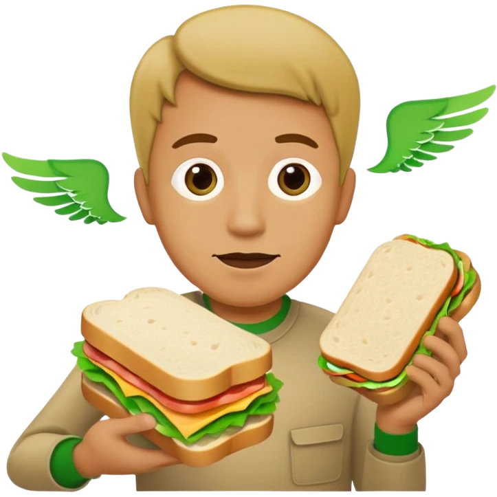 make a tan man with a sandwich in his hand but also flies around him with green line marks  emoji