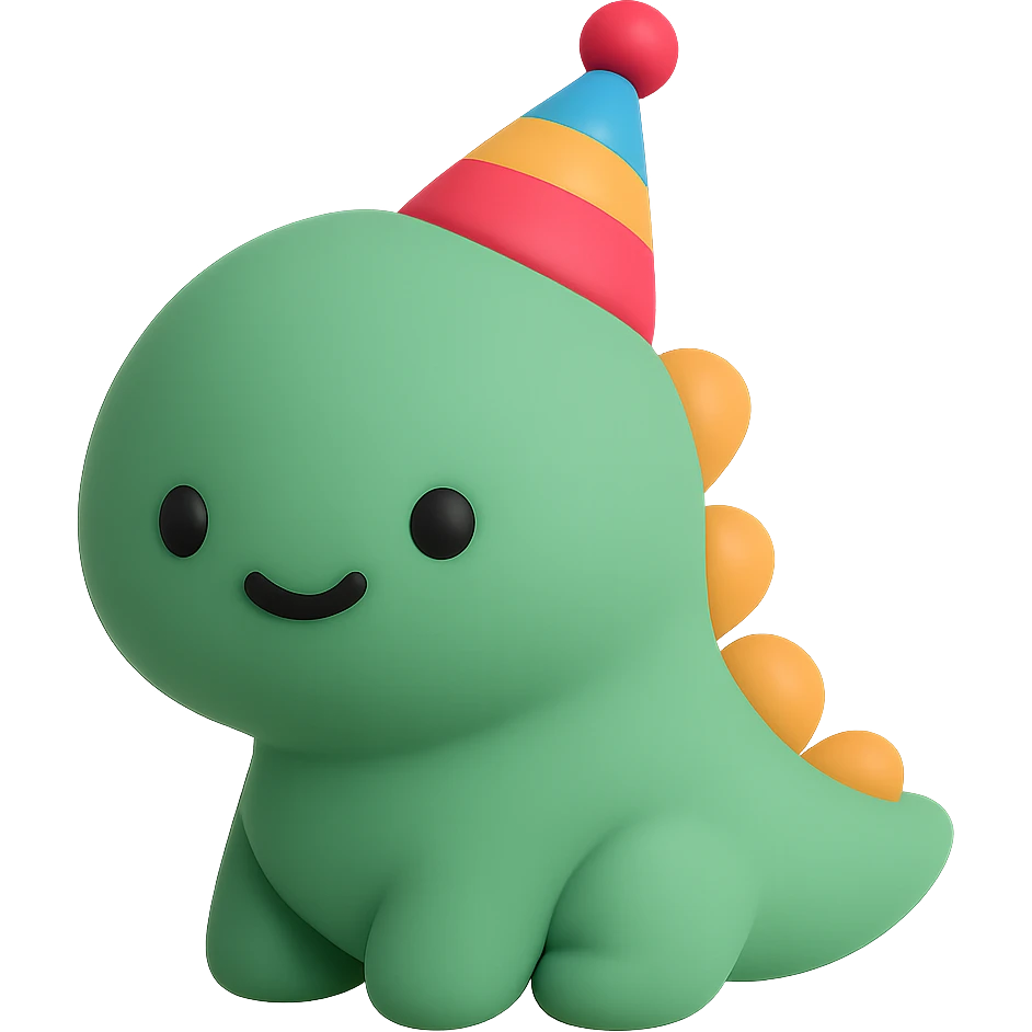 An adorable baby dinosaur with a colorful party hat emoji