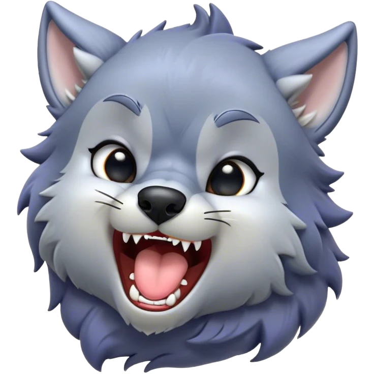 Cinematic Cute Yawning Werewolf Portrait Emoji, with a cuddly, miniature lupine form in soft moonlit grays and silvers, head leaning back in a big, adorable yawn that reveals a few fuzzy teeth, simplified yet irresistibly charming, highly detailed with a soft glowing outline that captures the drowsy, playful essence of a werewolf mid-nap! emoji