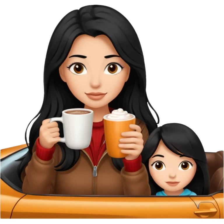 anned Girl with lashes , bright black long hair, in an extremely big fluffy brown mustang, and drinking hot chocolate drink emoji