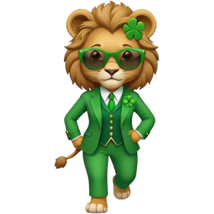 confident anthropomorphised female lion in St. Patrick's Day green clothes with shamrock accessories, dark sunglasses, walking upright, looking self-assured emoji