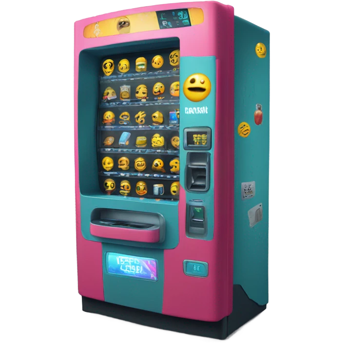 sci-fi concept vending machine, damaged, sentient, confused face emoji