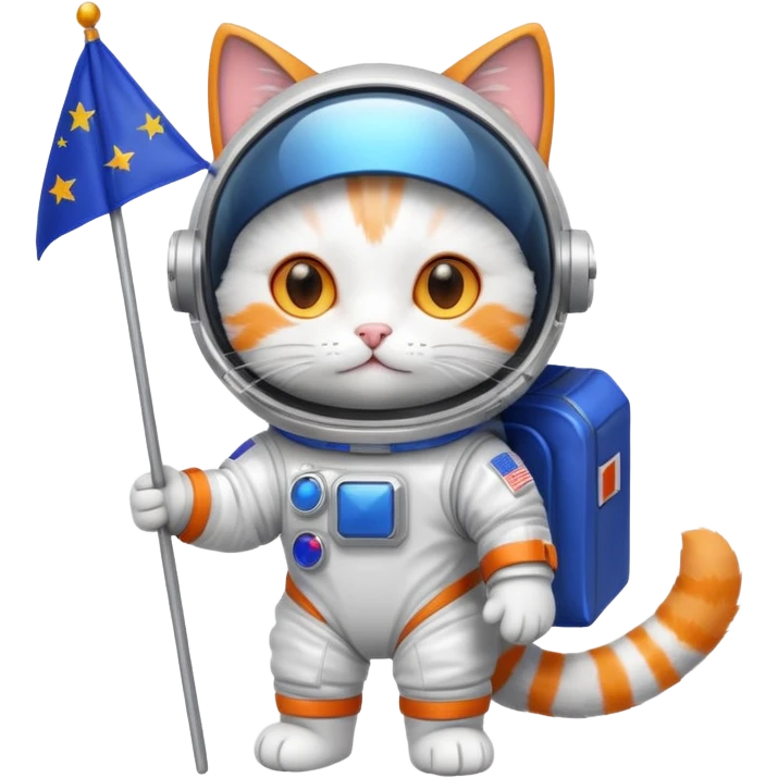 a cat in space suit, holding blue rectangle flag emoji