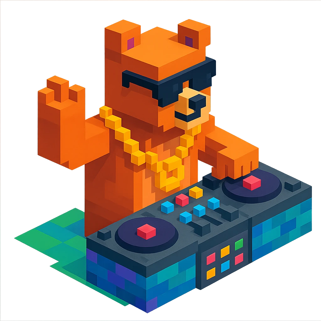 Russian grizzly bear with a rapper chain, posing with a DJ setup in a club scene emoji
