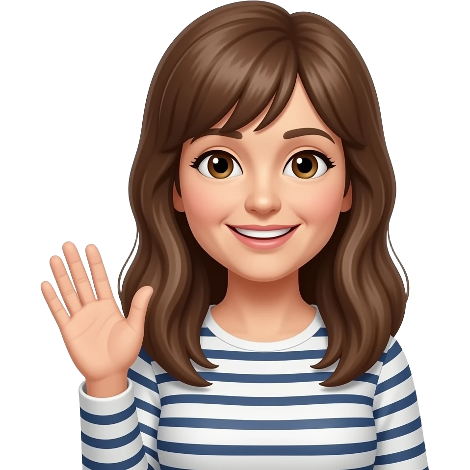 frau um die 50 mit langen braunen haaren und pony, braune augen grüßend emoji