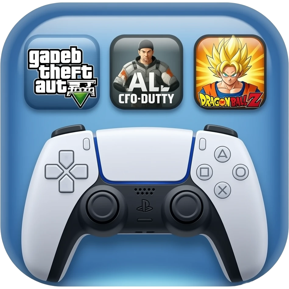 icone avec a l interieur des icone de jeu gta call off duty et dragon ball z et une mannette ps5 devant emoji