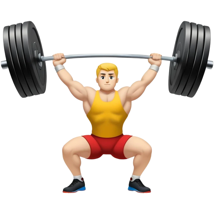 Emblem symbolizing weightlifting, featuring a barbell with heavy weights on either side, lifted above a strong, determined figure. The design conveys strength, focus, and the precision required in the sport. The barbell is centered, with a dynamic, bold style to emphasize power and athleticism.  emoji