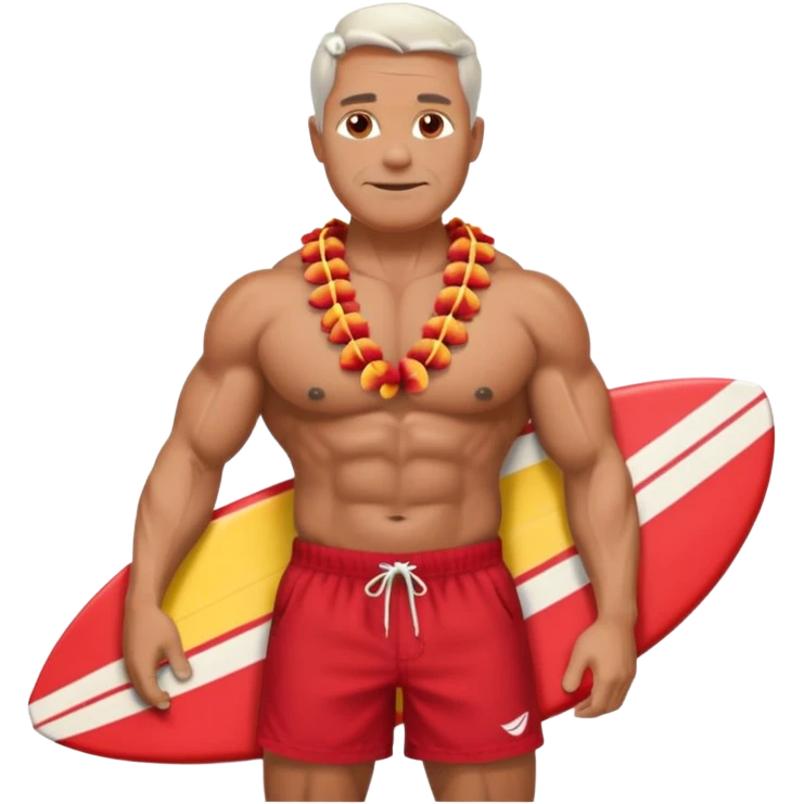 50 year old muscular man with red shorts and a shell lei surfing emoji