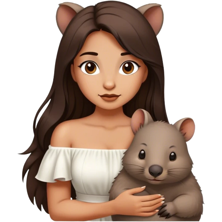 Beautiful woman in 1950’s woman fashion look, off-shoulder white dress, long dark brown hair, wombat emoji