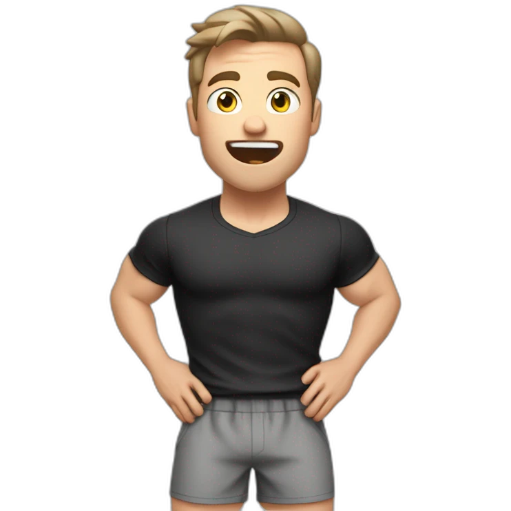 amazed Open with surprise mouth Pale skinned Fit Man With the biceps and dark brown hair in black shirt, gray sports shorts and white Sneakers emoji