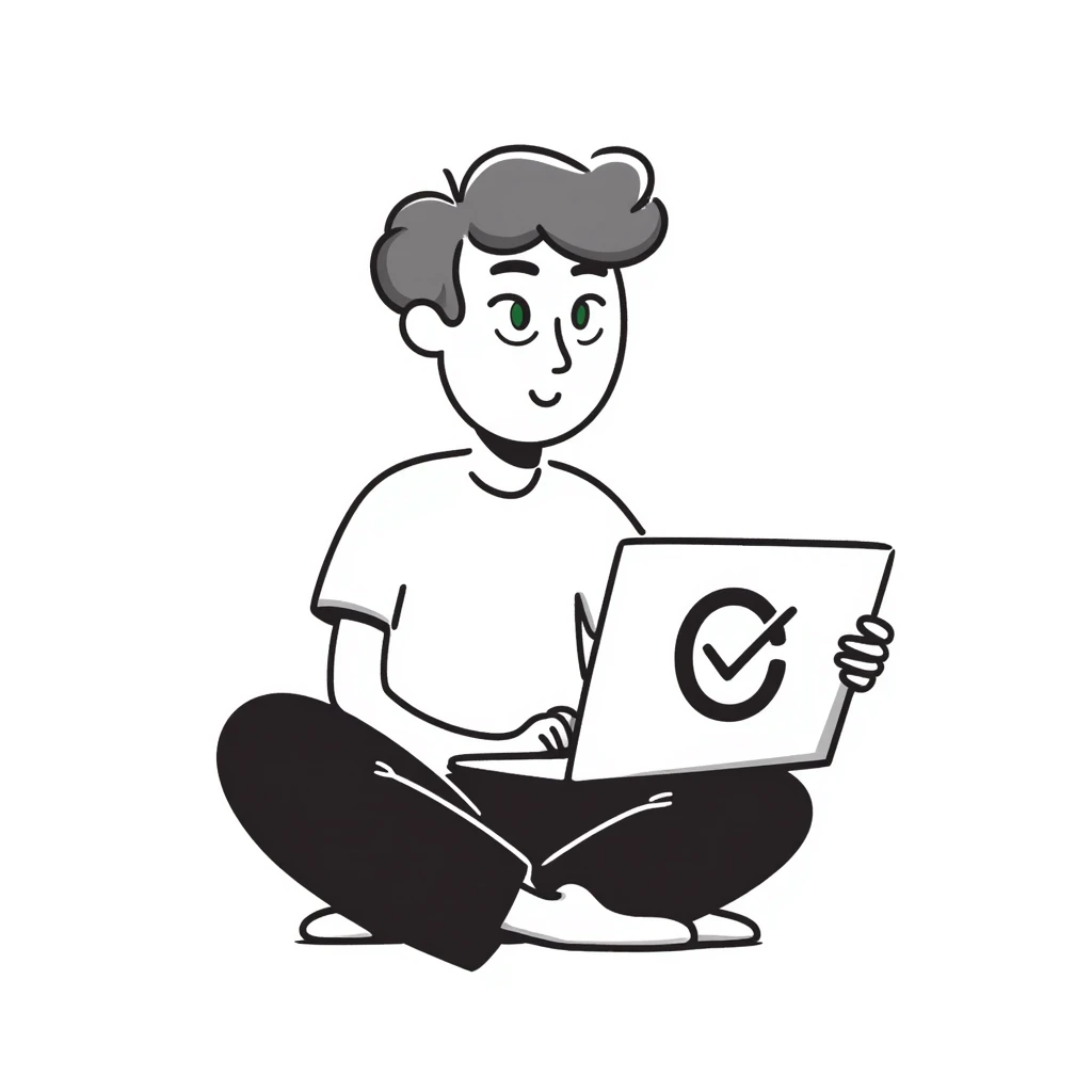 man with light brown hair and green eyes sitting in front of a laptop emoji