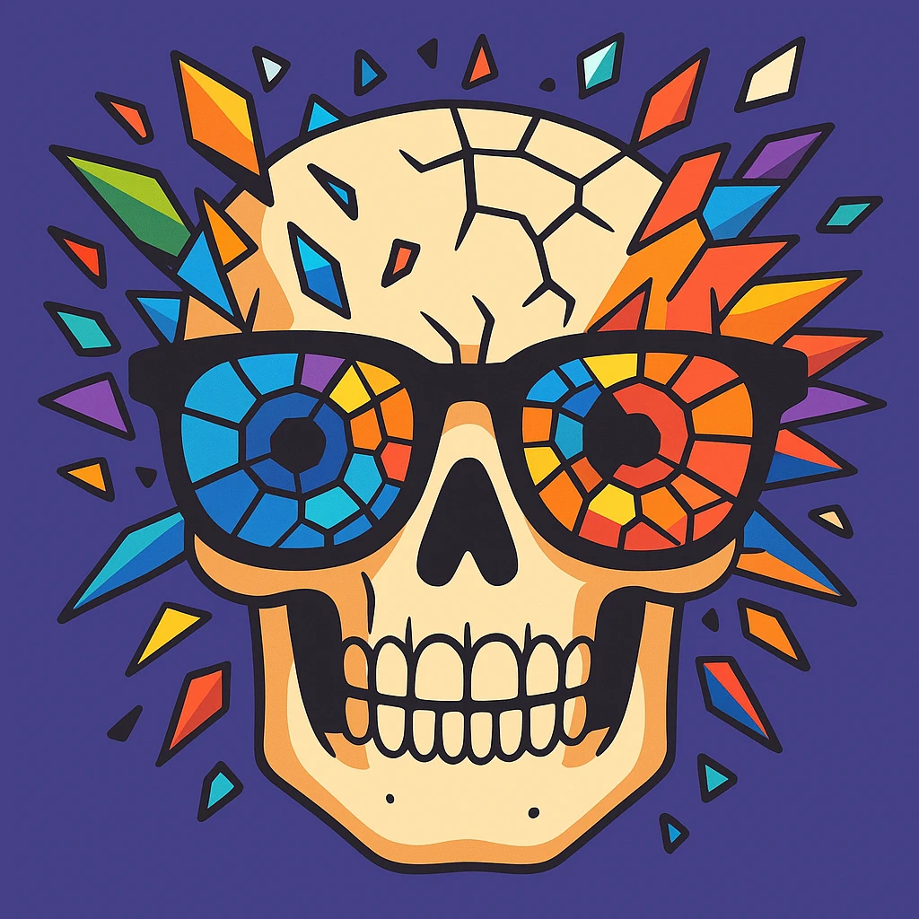 Enhance the skull with shattered mosaic sunglasses, making the head explosion more detailed and vivid in a cartoonish style with vibrant toon aesthetics. emoji