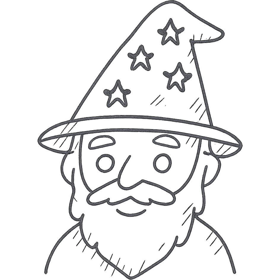 A wizard emoji, no fill and black outlines emoji