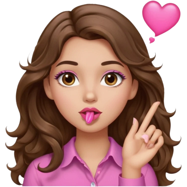 girl with long wavy brown hair, brown eyes, light to medium complexion, in a pink shirt, pink lips, long lashes, blowing a kiss emoji