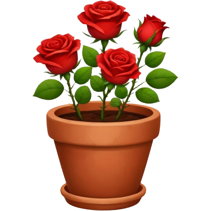 flower pot with red rose flowers with green leaves also in it emoji