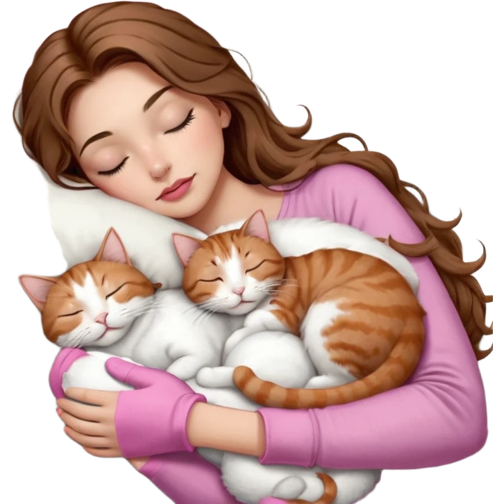 girl with long wavy brown hair, brown eyes, long lashes makeup, sexy pink lips, light to medium complexion,  sleeping on a cozy pillow, with 6 cats: 1 brown and white tabby cat, 1 ginger and white, 2 grey and white, 1 grey with white mittens and small white patch on chest and 1 calico, sleeping emoji