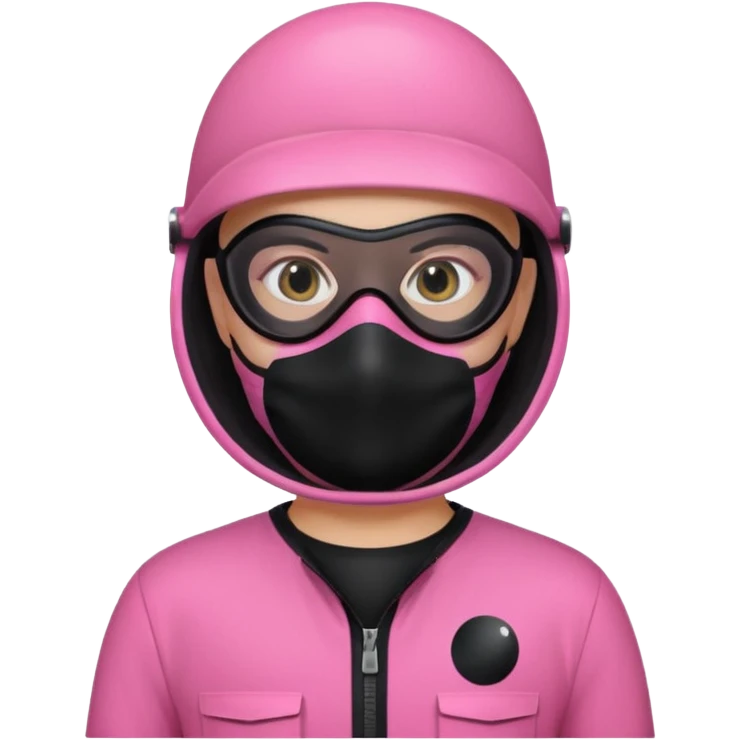 guard from Squid Game Round 6 wearing pink jumpsuit and black mask with white circle, apple emoji style emoji