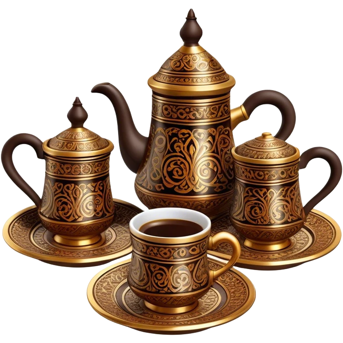 Turkish Coffee Set – Cinematic Realistic Turkish Coffee Set, depicted as an elegantly arranged ensemble of ornate coffee cups and a traditional cezve pot, adorned with intricate patterns and rich, warm colors, rendered with detailed textures and soft ambient lighting that captures its cultural heritage. emoji