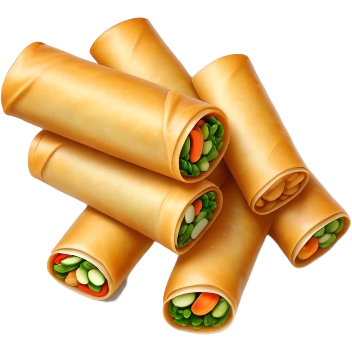 Cinematic Realistic Spring Rolls Dish Emoji, featuring golden, crispy rolls filled with fresh vegetables rendered with detailed textures and warm natural lighting. emoji