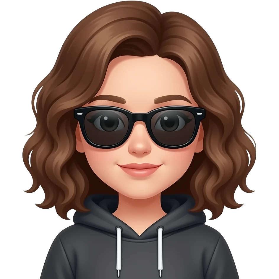 a  girl with pale skin, curly brown hair and wayferer sunglasses with black frame. who wears a hoodie emoji